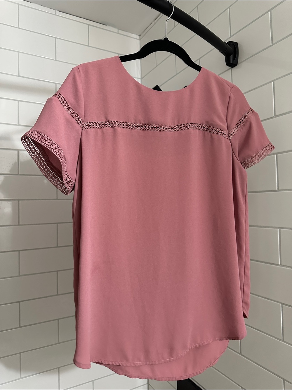 LOFT Rose Pink Short Sleeve Blouse with Lace Insets